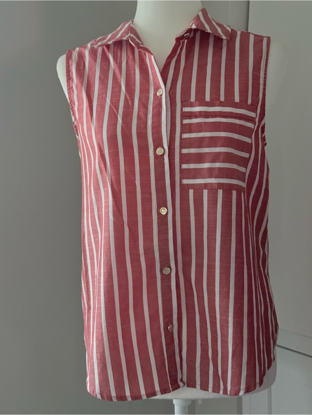 Draper James Coral and White Striped Sleeveless Button-Down